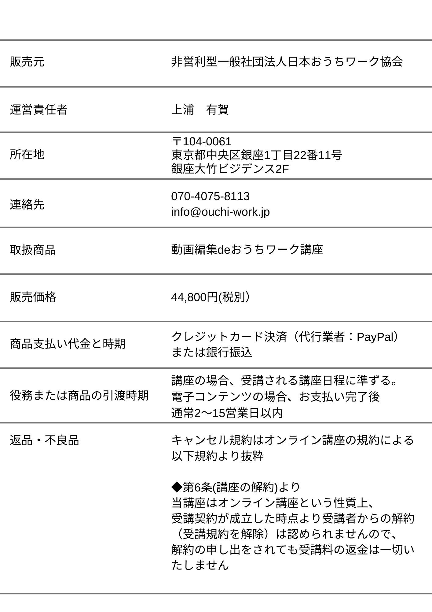 特定商取引法に基づく表記 動画編集deおうちワーク講座 日本おうちワーク協会公式サイト